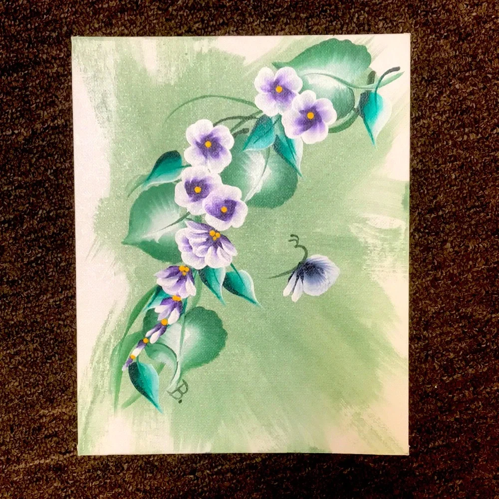 2 Original Signed Flowers‎ & Butterfly Acrylic Paintings on 8x10 Canvas Boards